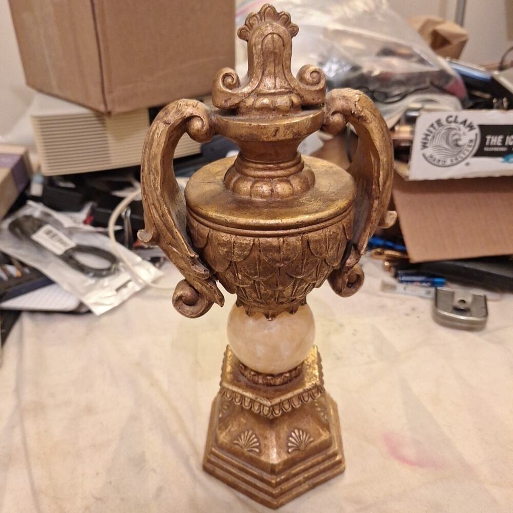 Gilded Decorative Urn Antiqued Finish Resin, Unique. Italian Neoclassical Design